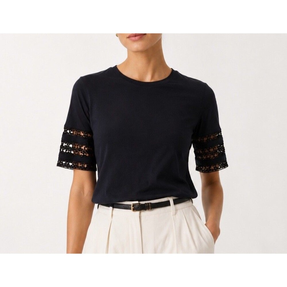 Sezane Navy Eyelet Lace Sleeve Cotton Knit Top Blouse XXL French Parisian
